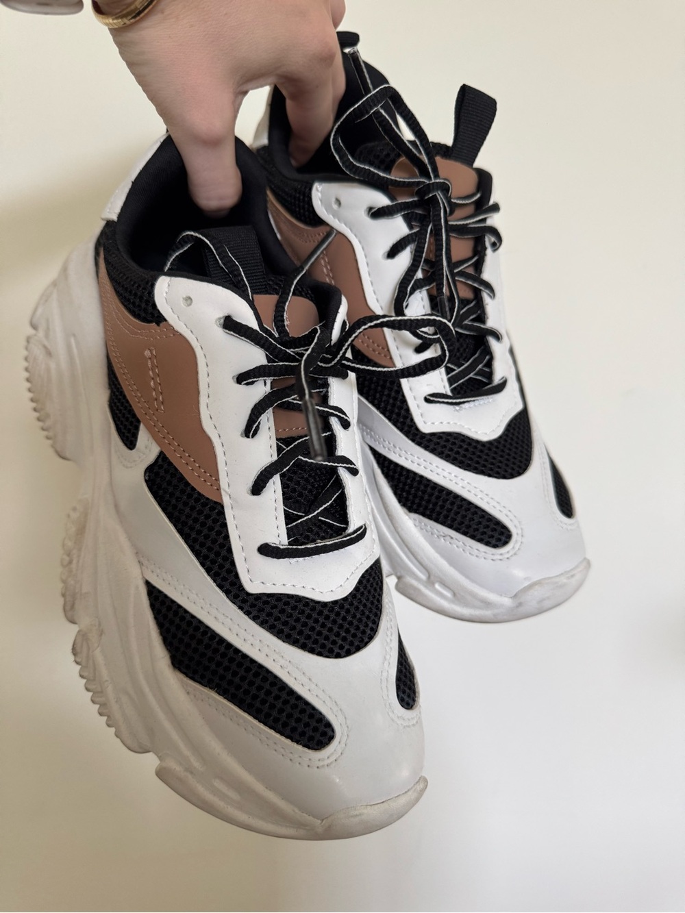 Steve Madden Chunky Lace-Up Sneakers in White, Black & Brown